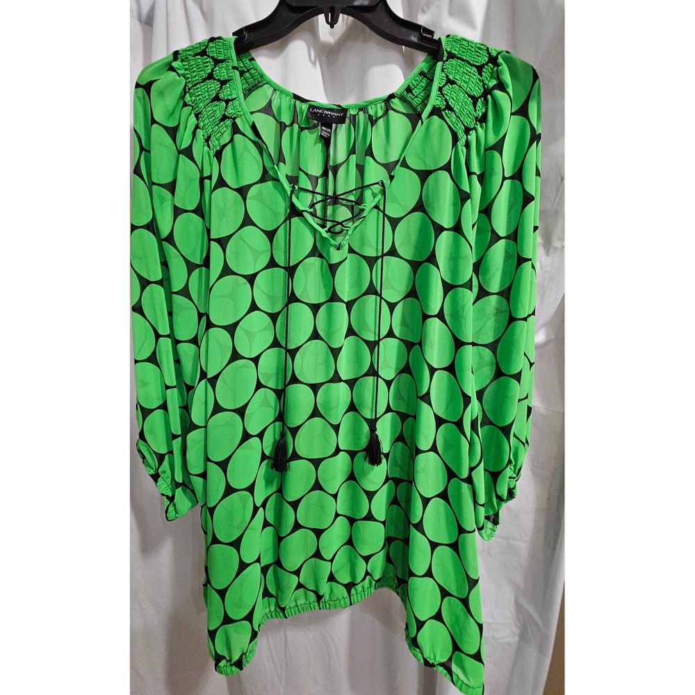 Lane Bryant Green Black Polka Dot Lace Up Tassel Blouse Top Plus‎ Size 22/24